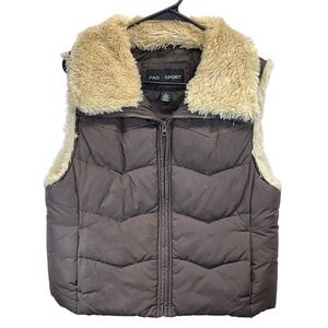 Pao Sport Women's Brown Quilted Puffer Faux Fur Collar Vest Large